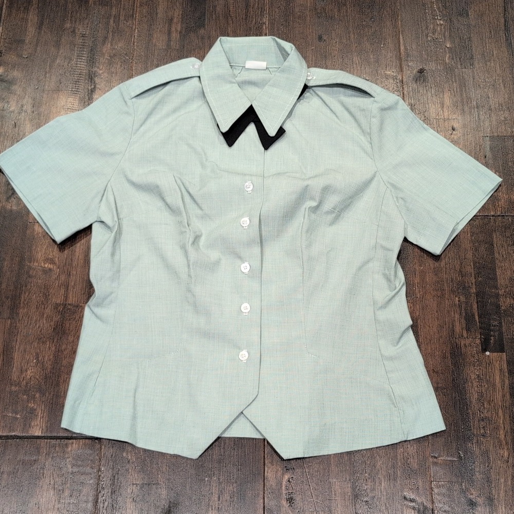 Vintage‎ US Army Uniform Top Womens Short Sleeve 14R Light Green Formal Neck Tie